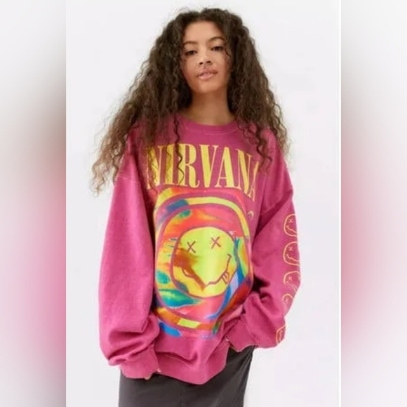 NIRVANA Tops - Urban Outfitters x Nirvana Smile Overdyed Oversize Crew Neck Sweatshirt Pink M